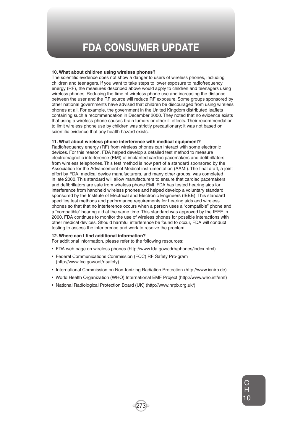 Fda consumer update, Ch 10 | UTStarcom PN-820 User Manual | Page 275 / 282