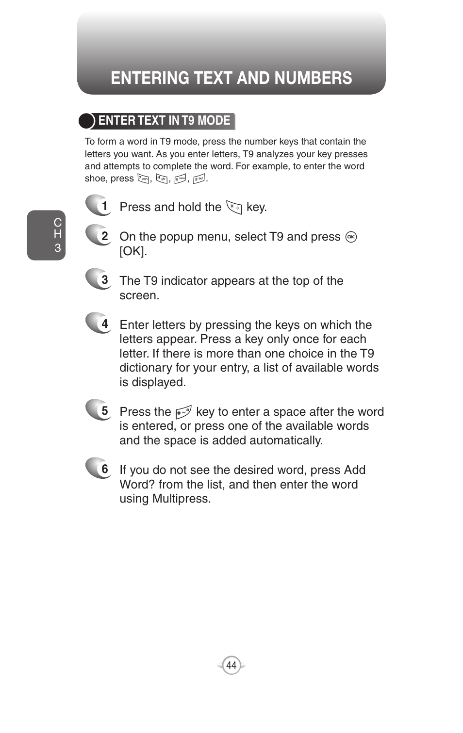 Entering text and numbers | UTStarcom PN-820 User Manual | Page 46 / 282
