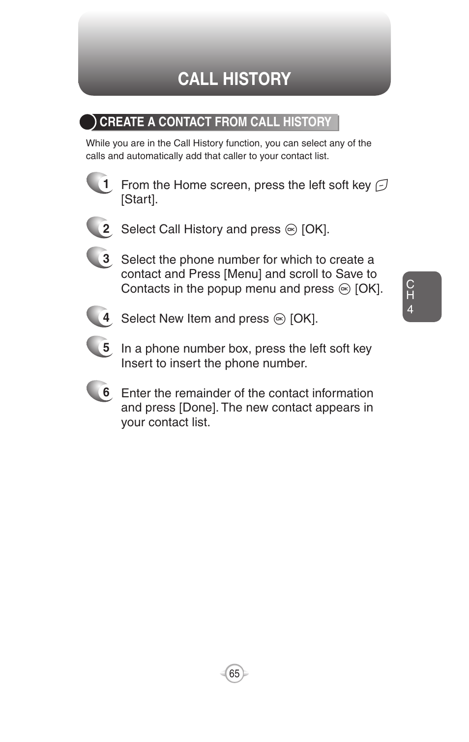Call history | UTStarcom PN-820 User Manual | Page 67 / 282