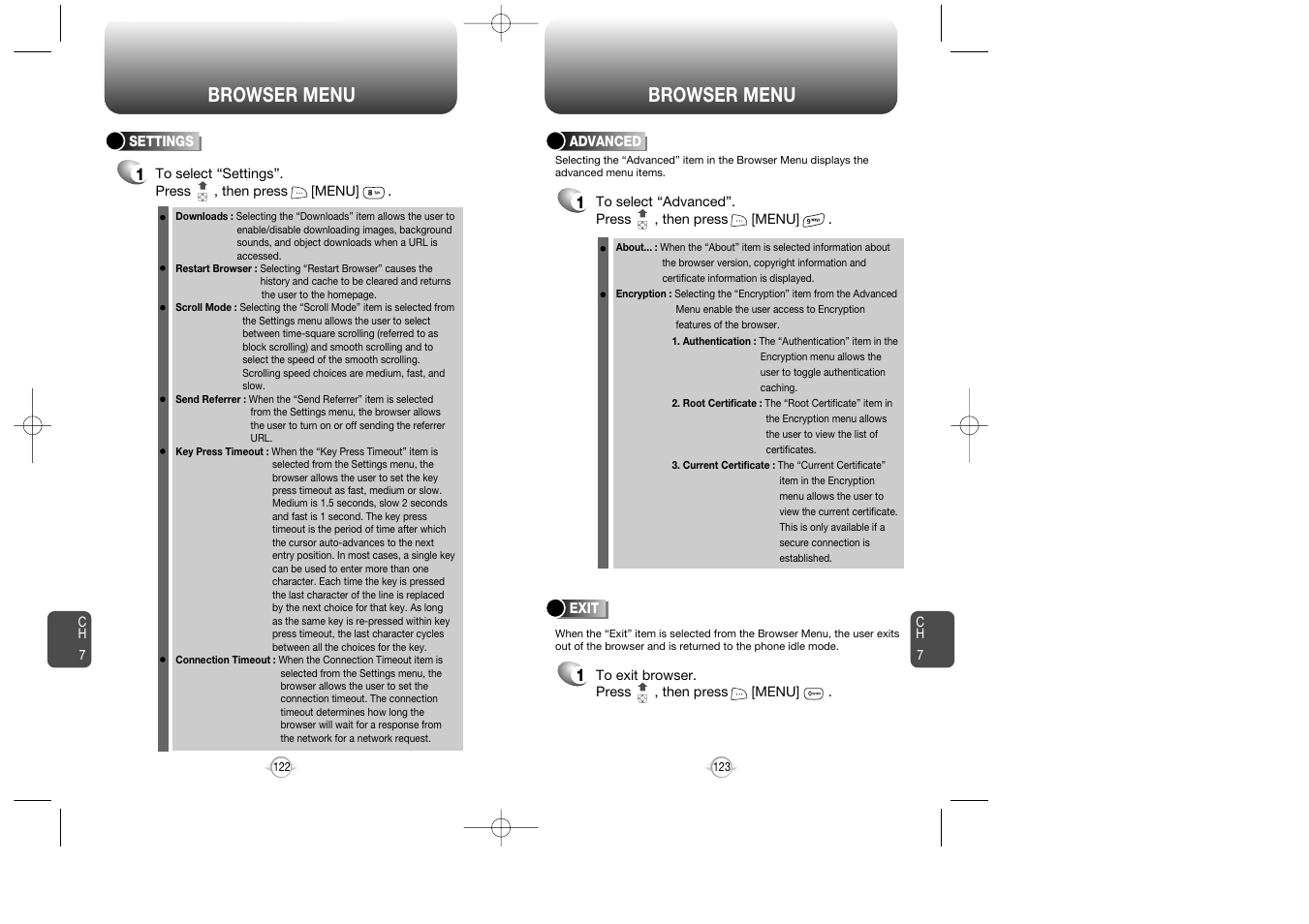 Browser menu | UTStarcom CDM 1080 User Manual | Page 63 / 63