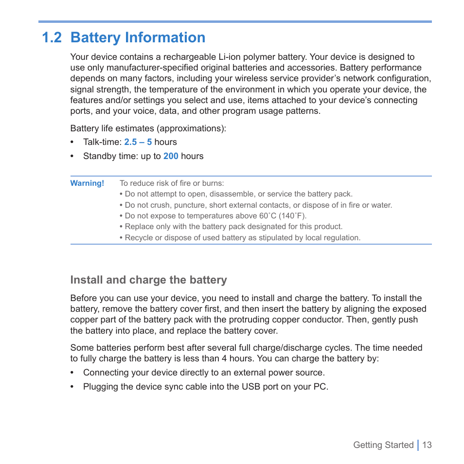 3 battery information, 2 battery information, Install and charge the battery | UTStarcom PPC-6700 User Manual | Page 14 / 149