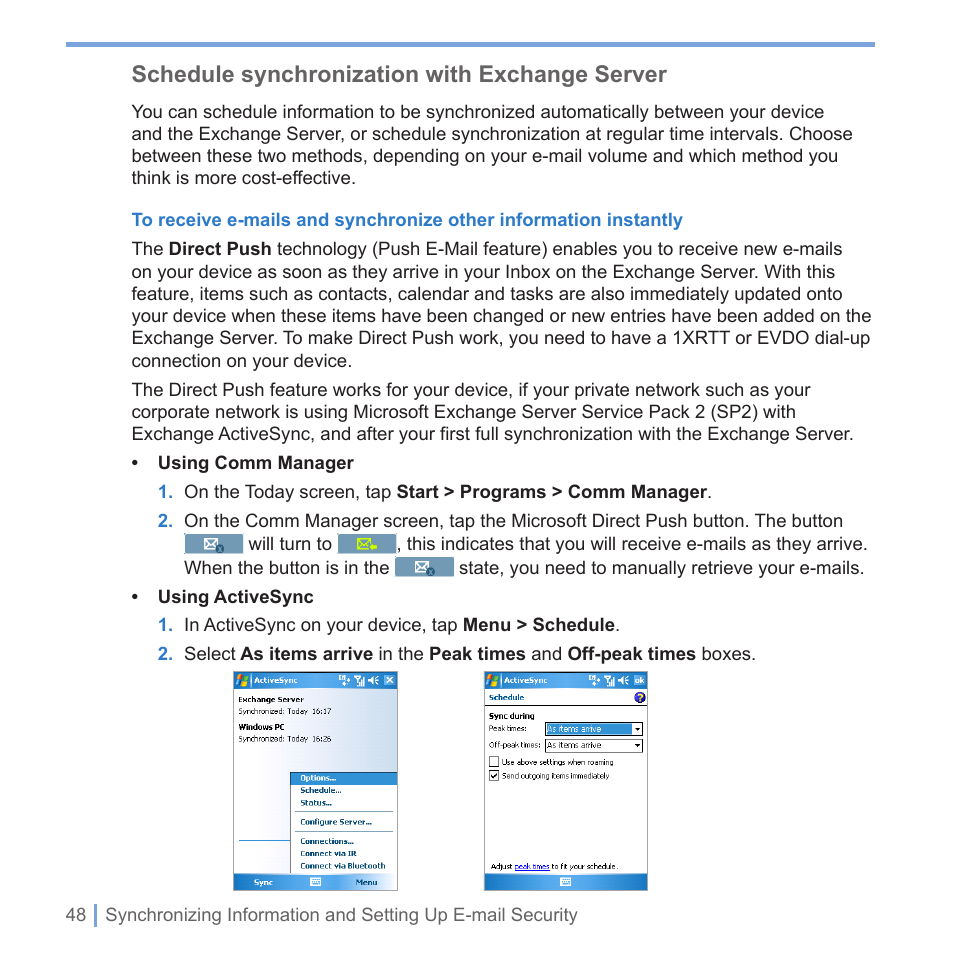 4 starting up, Schedule synchronization with exchange server | UTStarcom PPC-6700 User Manual | Page 49 / 149