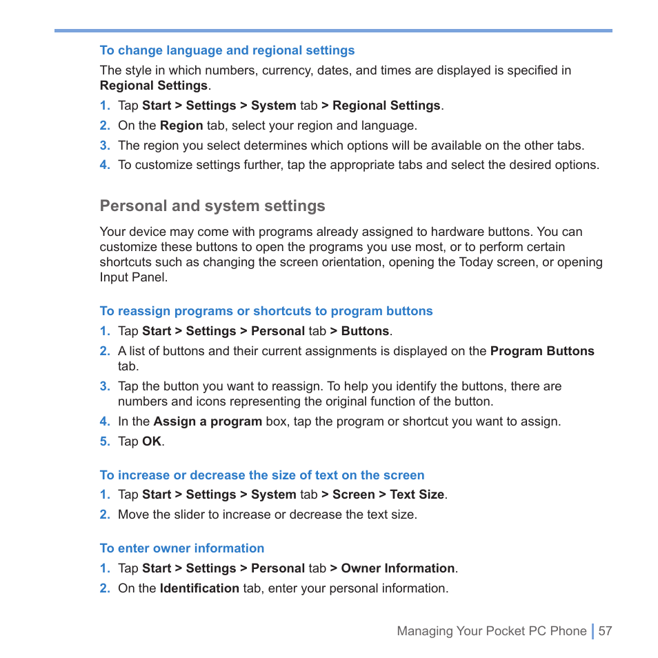 Personal and system settings | UTStarcom PPC-6700 User Manual | Page 58 / 149