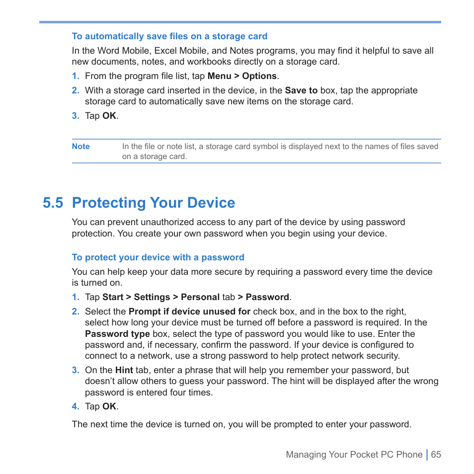 5 protecting your device | UTStarcom PPC-6700 User Manual | Page 66 / 149