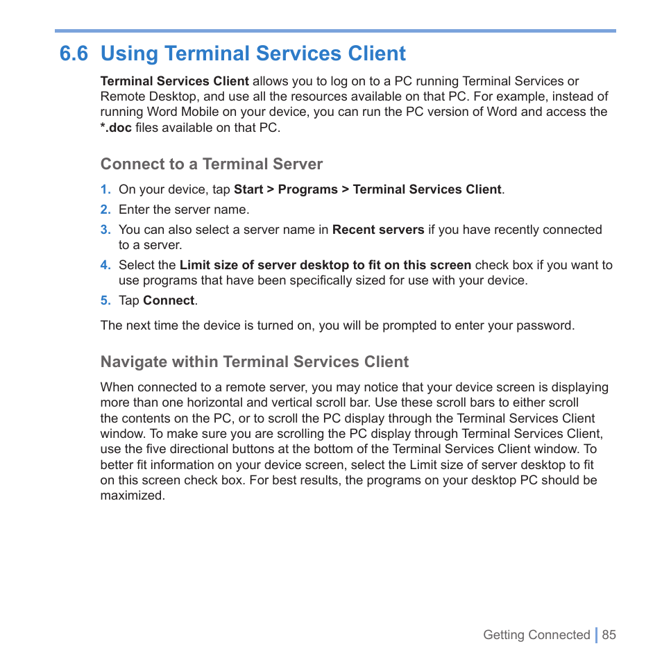 6 using terminal services client, Connect to a terminal server, Navigate within terminal services client | UTStarcom PPC-6700 User Manual | Page 86 / 149