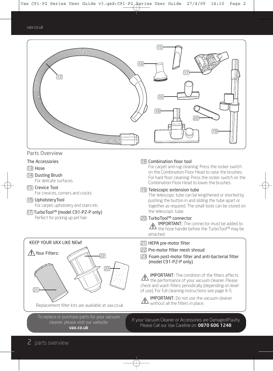 Parts overview | Vax C91-P2 User Manual | Page 2 / 12