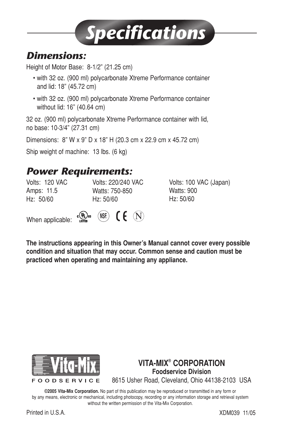 Dimensions, Power requirements, Vita-mix | Corporation | Vita-Mix BARBOSS MP User Manual | Page 16 / 16