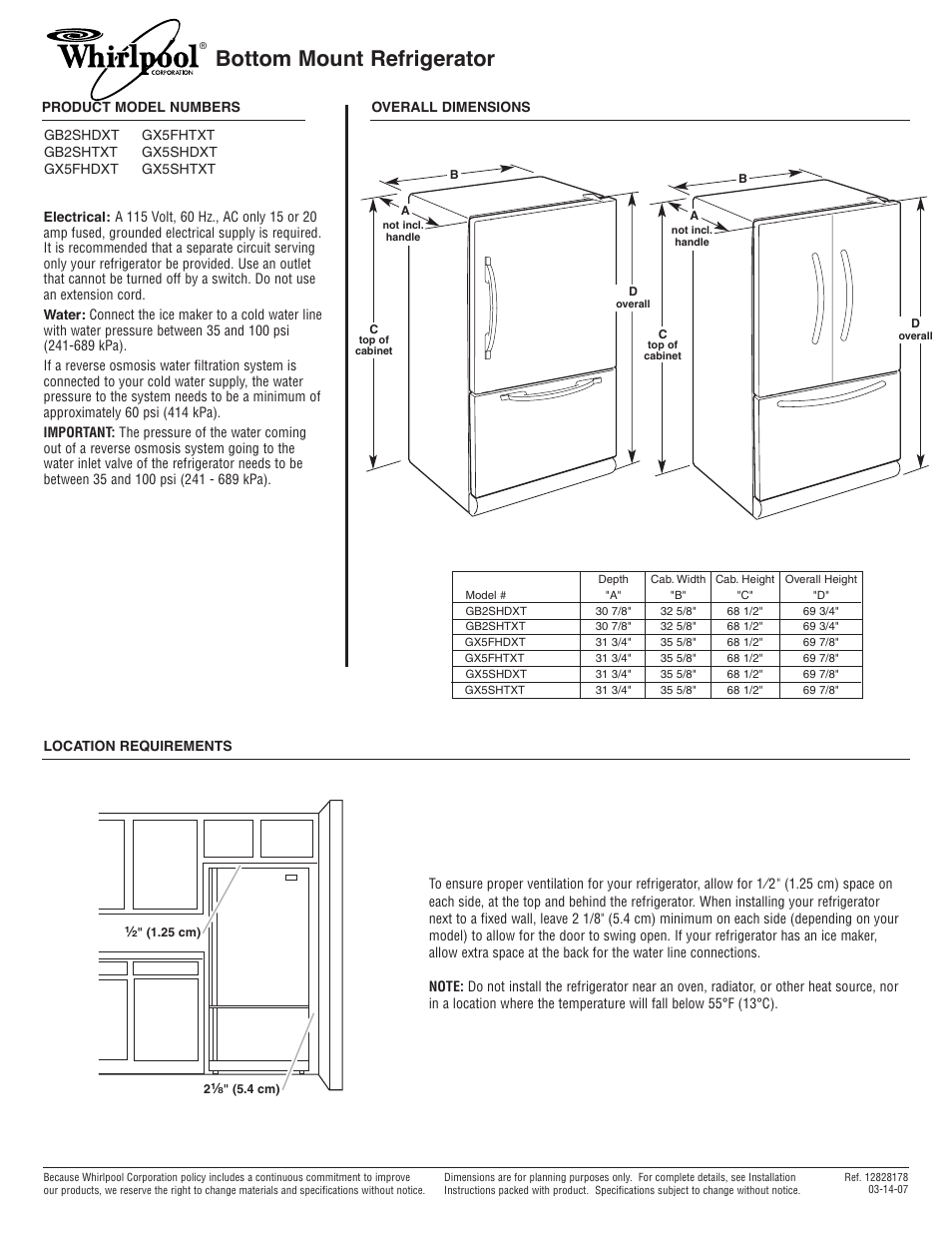 Whirlpool BOTTOM MOUNT REFRIGERATOR GX5FHTXT User Manual | 1 page