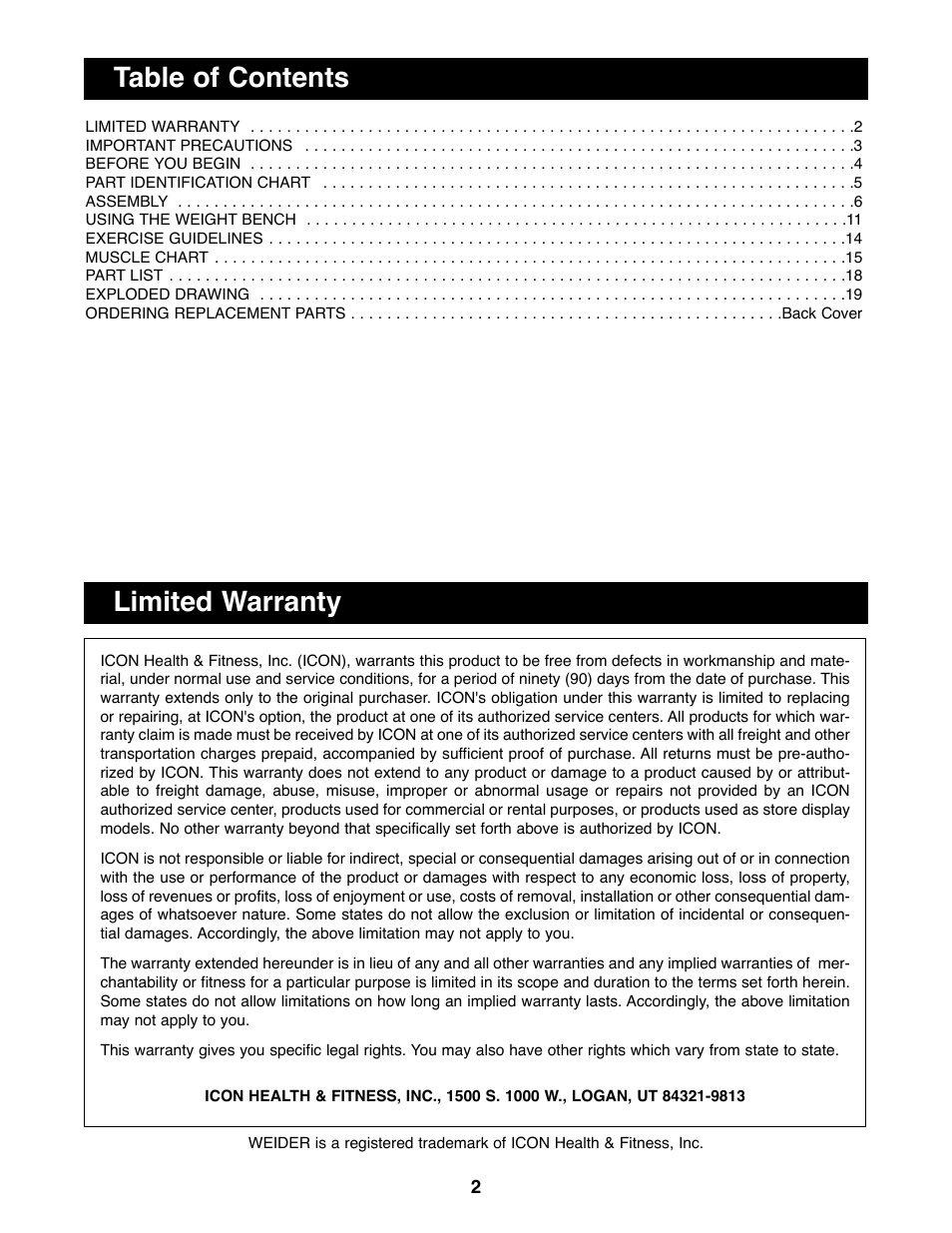Table of contents limited warranty | Weider 148 User Manual | Page 2 / 20