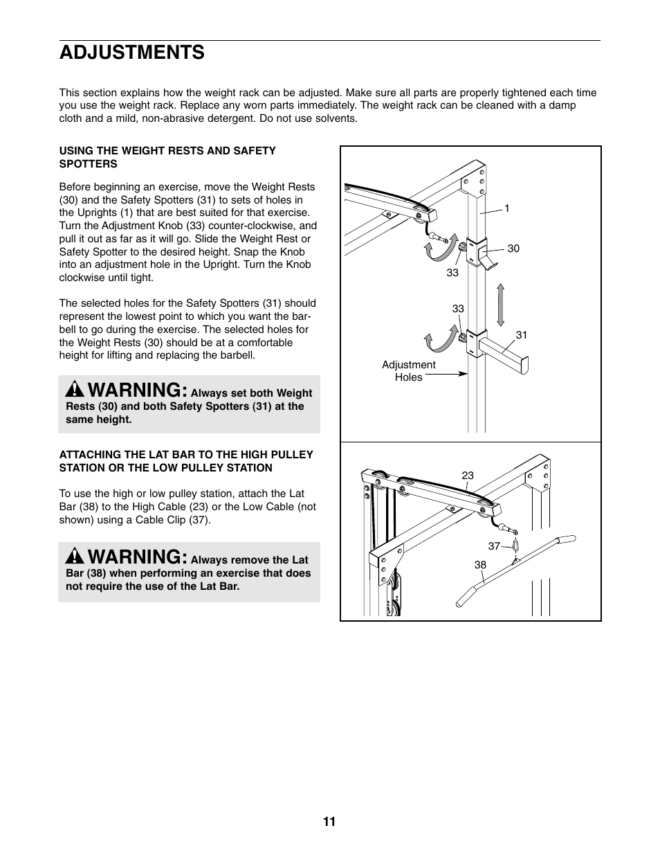 Adjustments, Warning | Weider WEBE19510 User Manual | Page 11 / 20