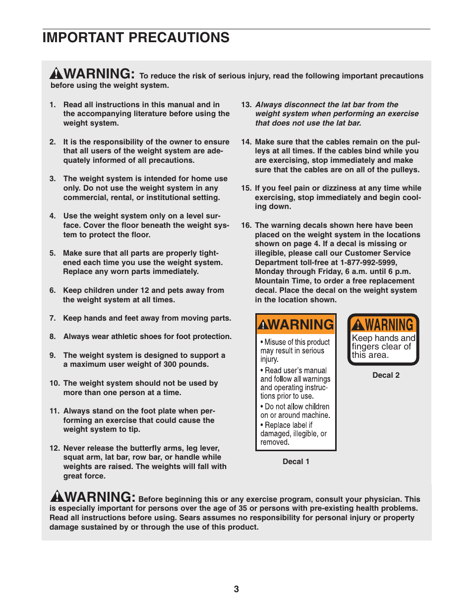 Important precautions, Warning | Weider Pro 4850 831.153932 User Manual | Page 3 / 33