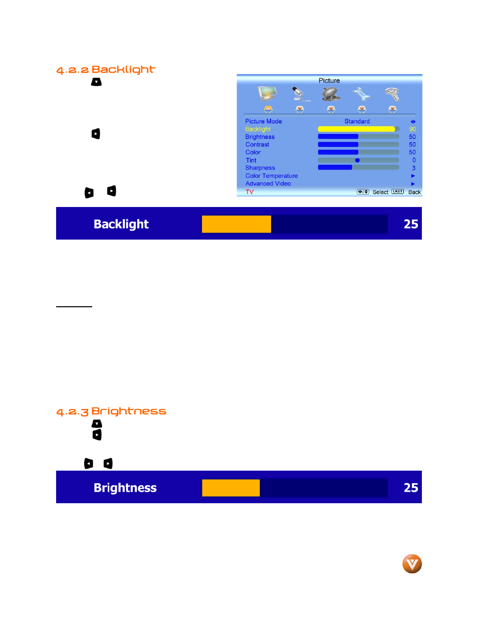 2 backlight, 3 brightness | Weider LCD VW46L User Manual | Page 37 / 75