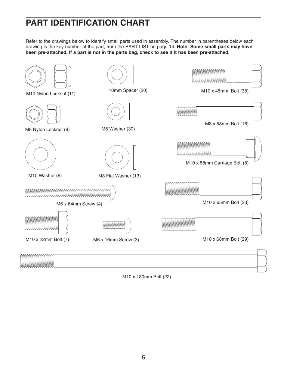 Part identification chart | Weider Pro XT20 WEBE09101 User Manual | Page 5 / 16