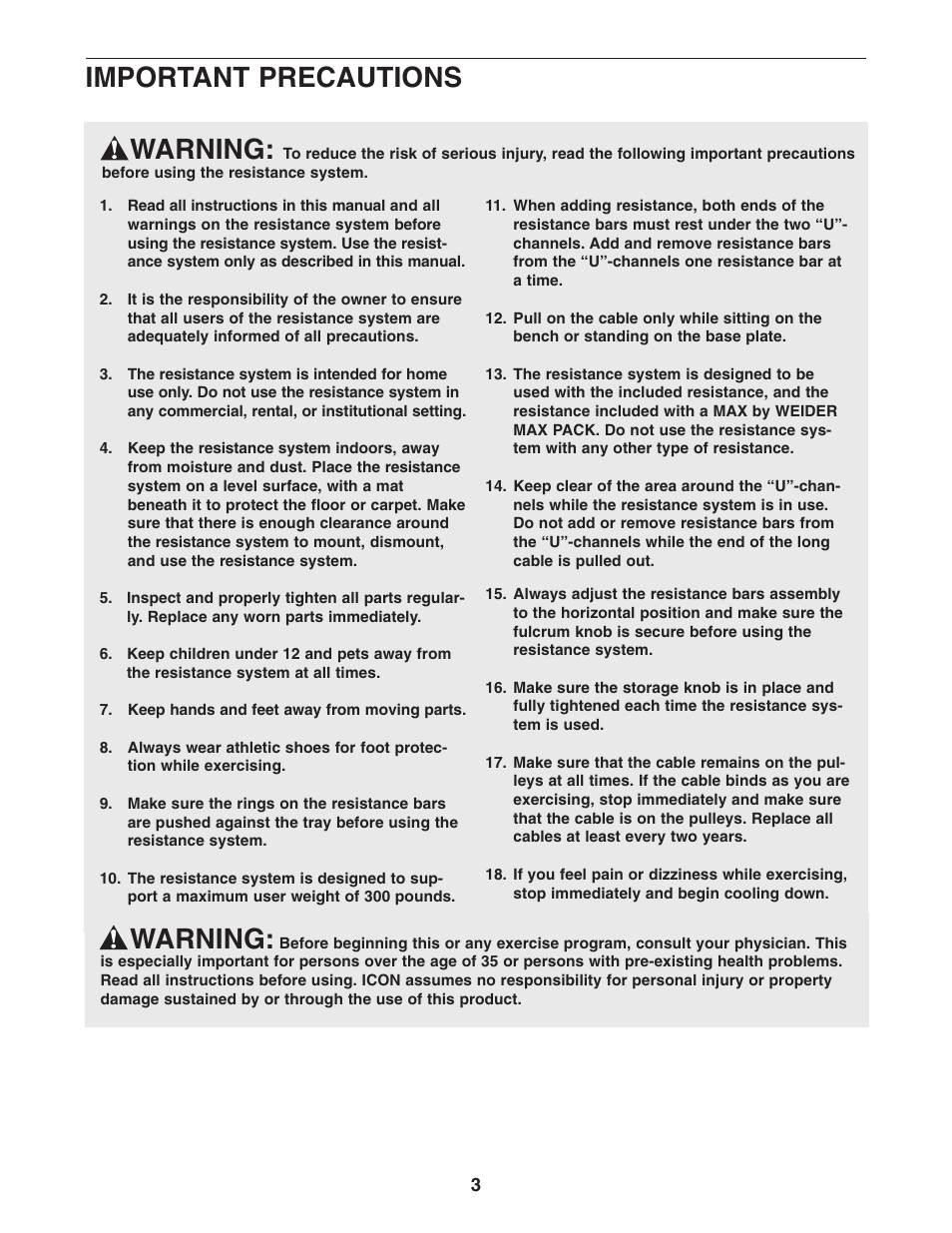 Warning, Important precautions | Weider WESY3873.2 User Manual | Page 3 / 24