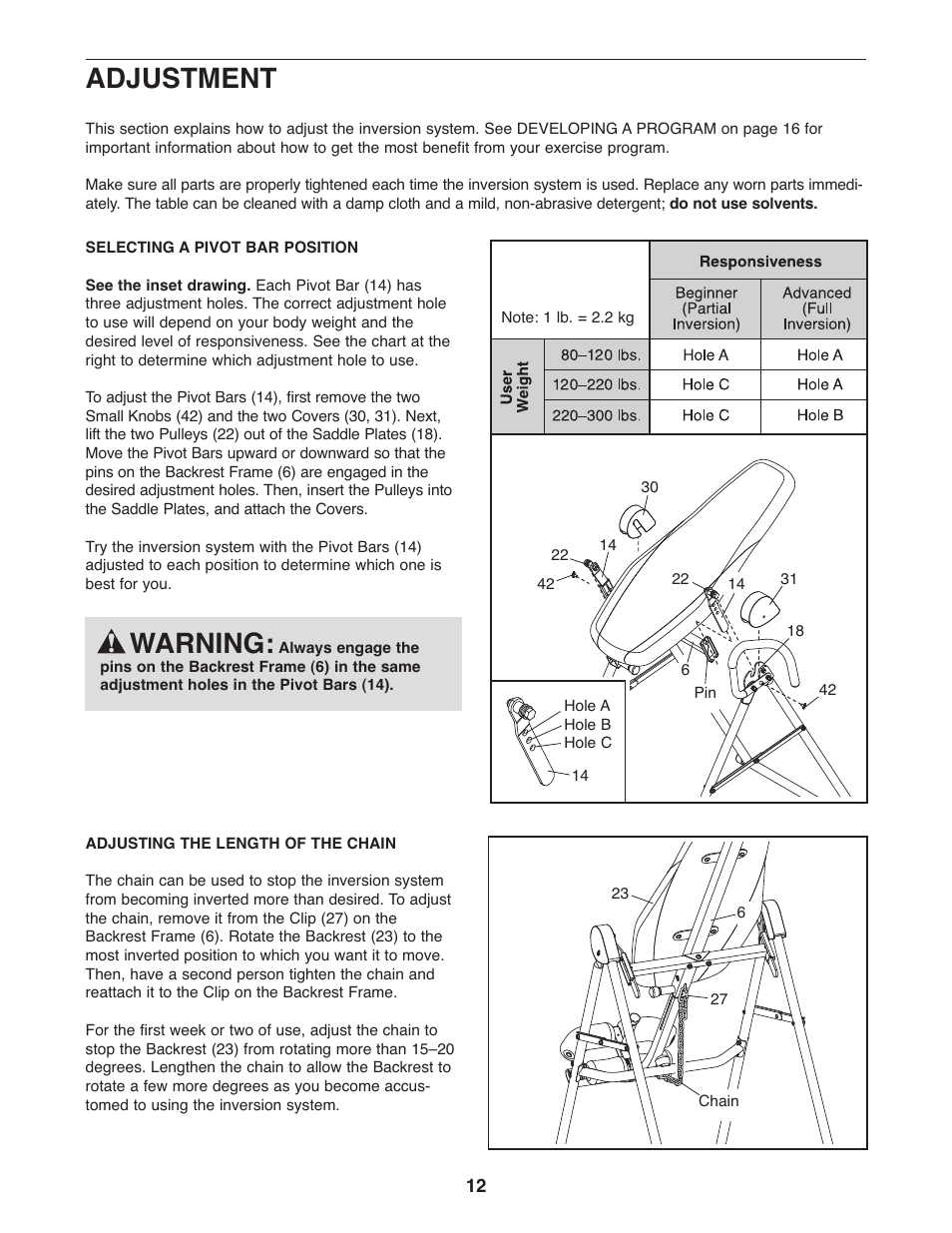 Warning, Adjustment | Weider WEBE0878.0 User Manual | Page 12 / 20