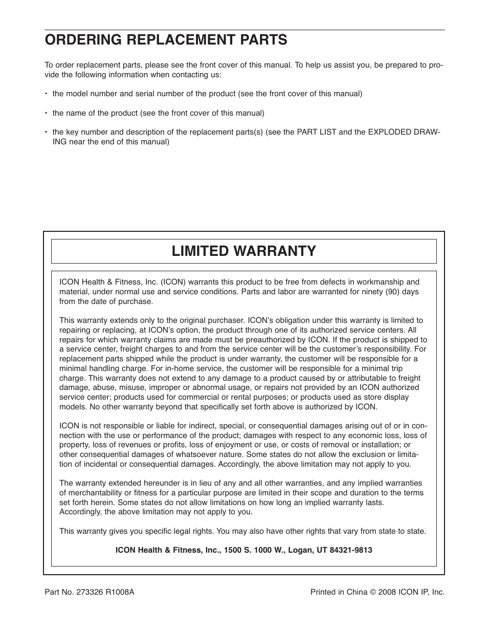 Ordering replacement parts, Limited warranty | Weider WEBE0878.0 User Manual | Page 20 / 20