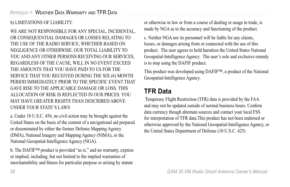 Tfr data | XM Satellite Radio GXM30 User Manual | Page 44 / 48
