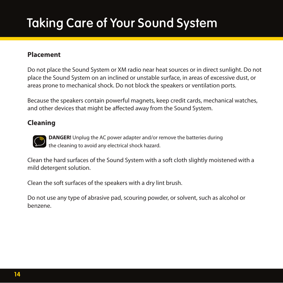 Taking care of your sound system | XM Satellite Radio XMBB1 User Manual | Page 14 / 20