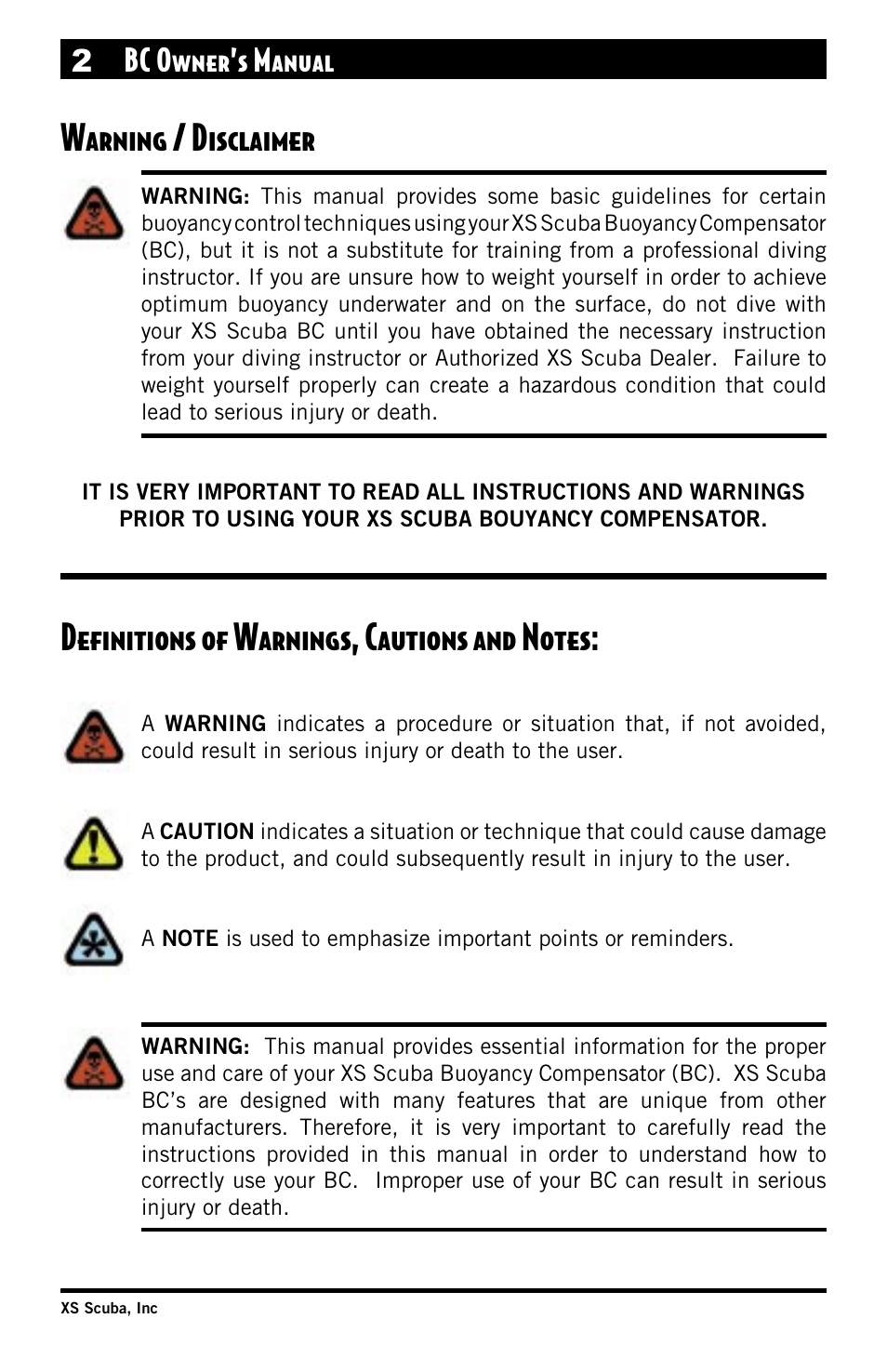 Warning / disclaimer, Defintions, 2 bc owner’s manual | XS Scuba Buoyancy Compensator User Manual | Page 2 / 24