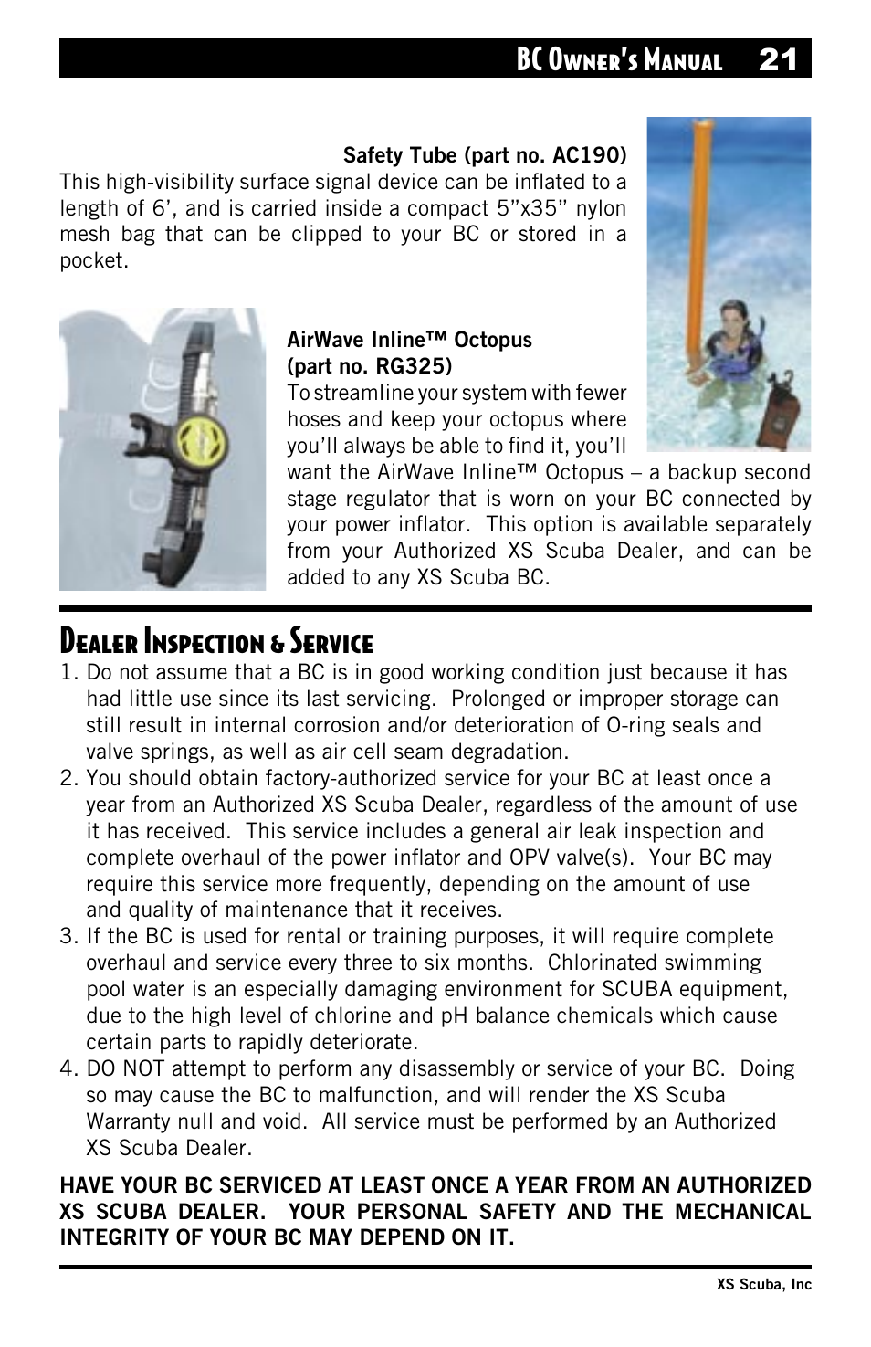 Airwave inline™ octopus (p/n rg325), Safety tube (p/n ac190), Dealer inspection & service | Bc owner’s manual 21 | XS Scuba Buoyancy Compensator User Manual | Page 21 / 24