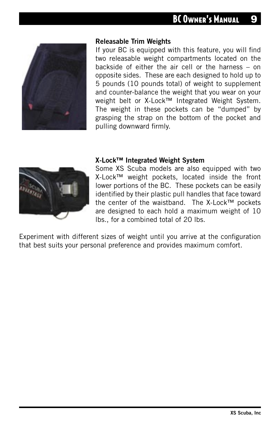 Releasable trim weights, X-lock™ integrated weight system, Bc owner’s manual 9 | XS Scuba Buoyancy Compensator User Manual | Page 9 / 24