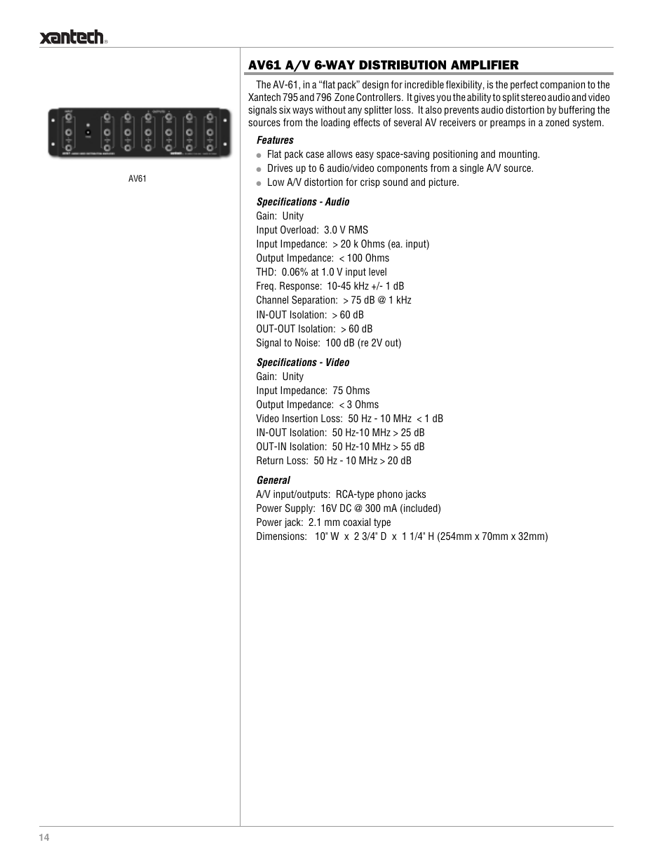 Xantech AV61 User Manual | 1 page