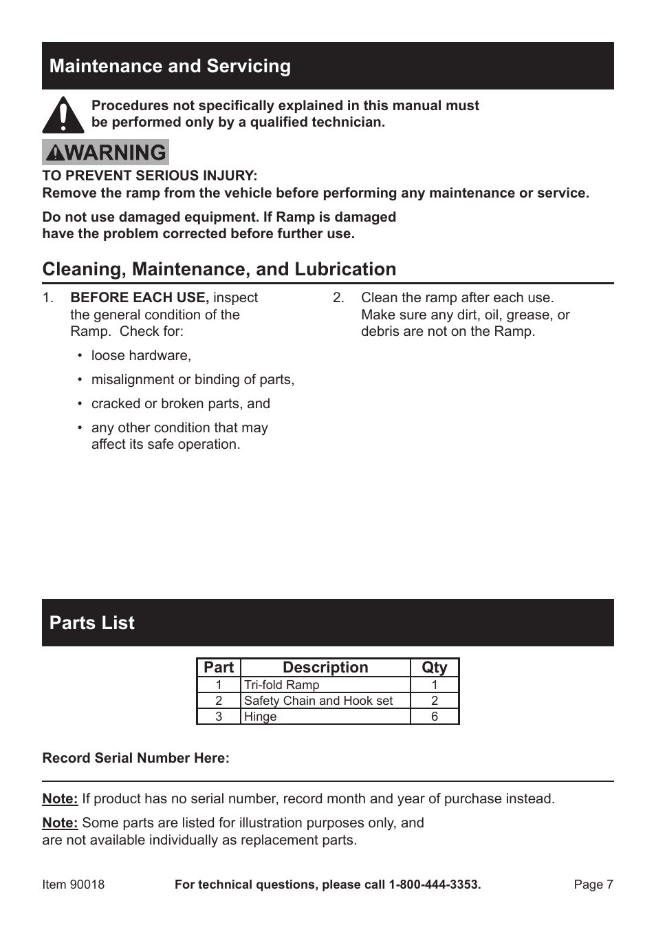 Parts list, Maintenance and servicing, Cleaning, maintenance, and lubrication | Zweita  Co Haul Master Tri-Fold Aluminum Ram 90018 User Manual | Page 7 / 8