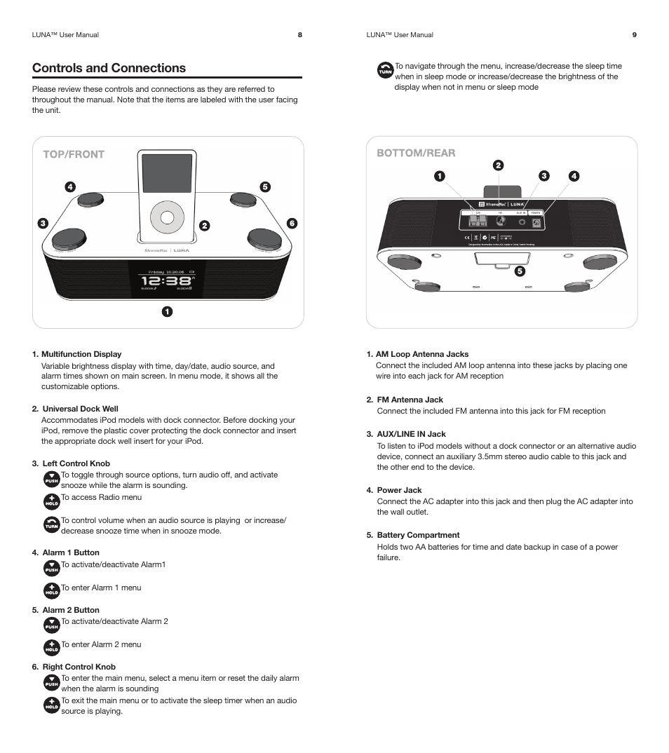 Controls and connections | XtremeMac Luna Room Audio System User Manual | Page 5 / 13