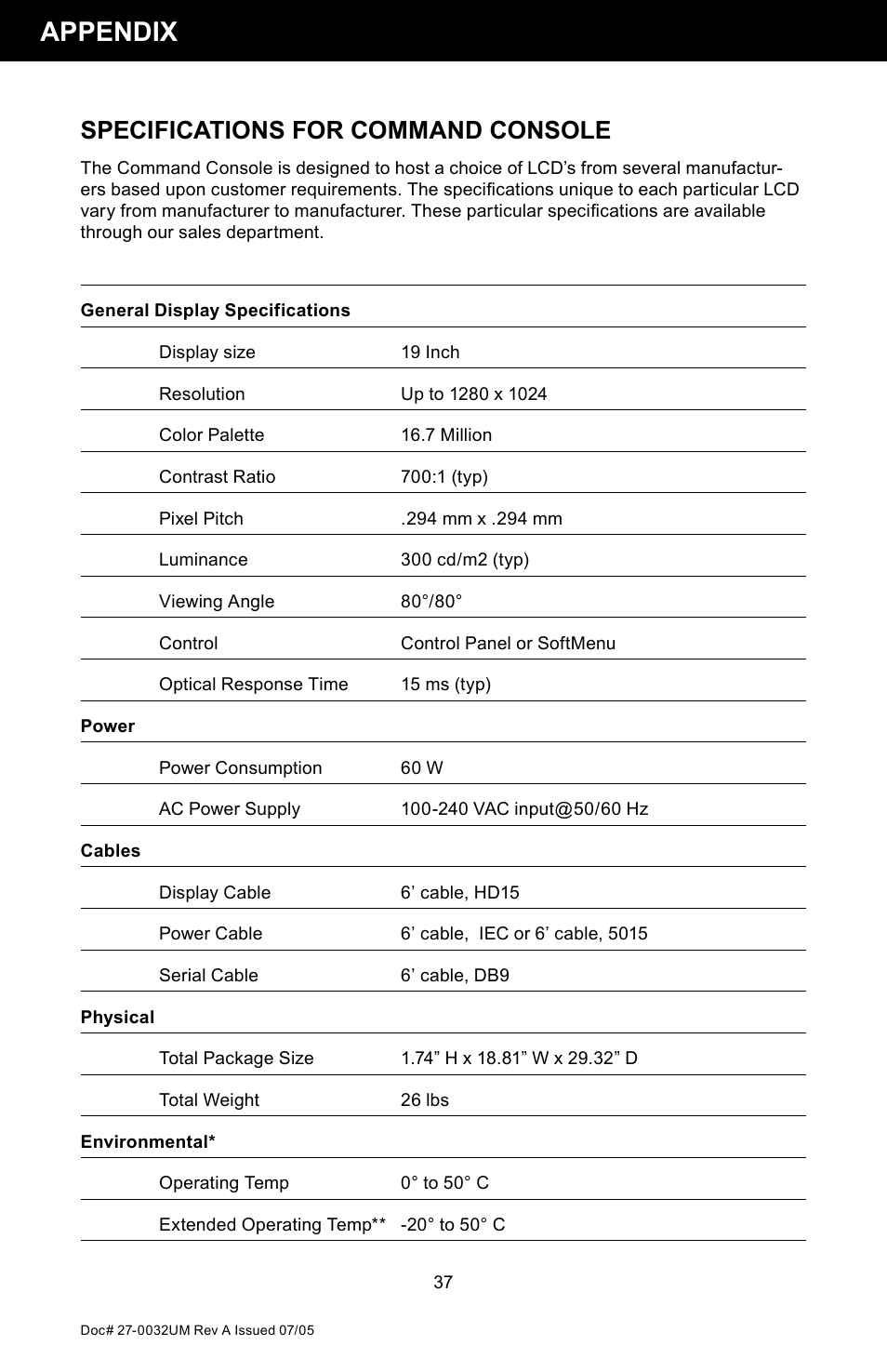 Appendix, Specifications for command console | Z Microsystems SL User Manual | Page 37 / 51