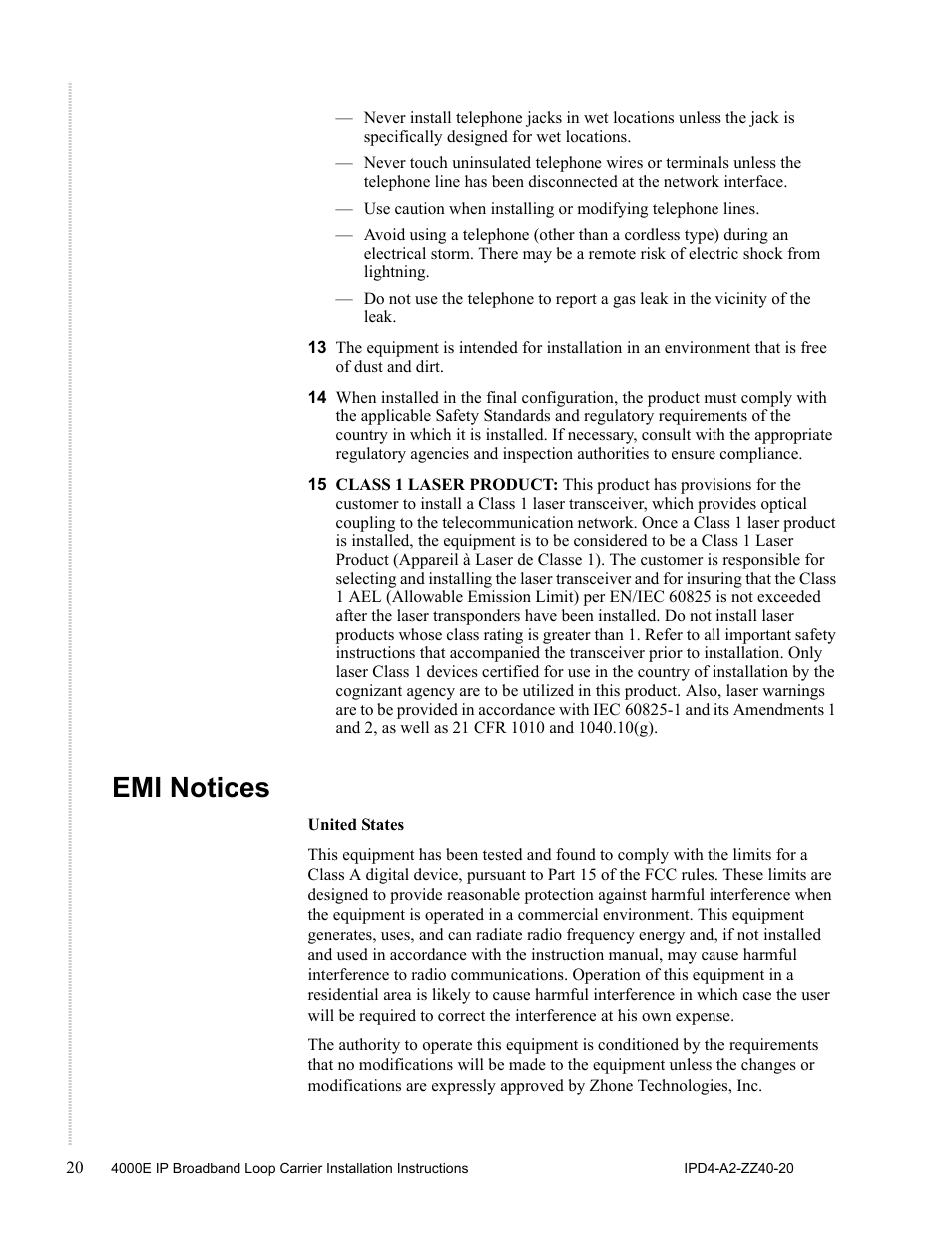Emi notices | Zhone Technologies 4000E User Manual | Page 20 / 22