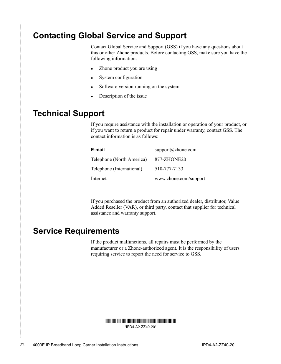 Contacting global service and support, Technical support, Service requirements | Zhone Technologies 4000E User Manual | Page 22 / 22