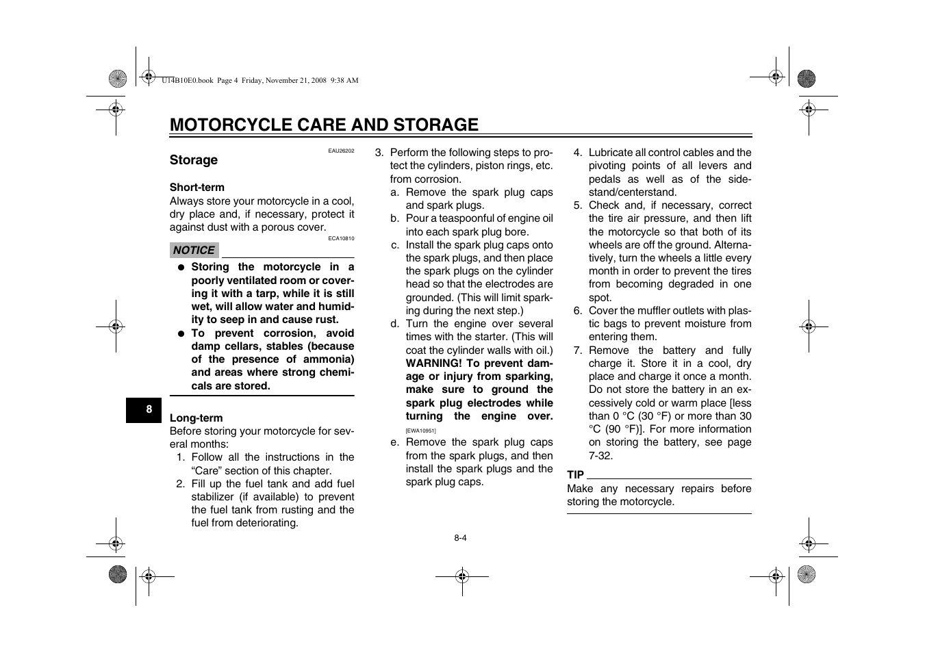 Storage -4, Motorcycle care and storage | Yamaha YZFR1Y(C) User Manual | Page 104 / 122