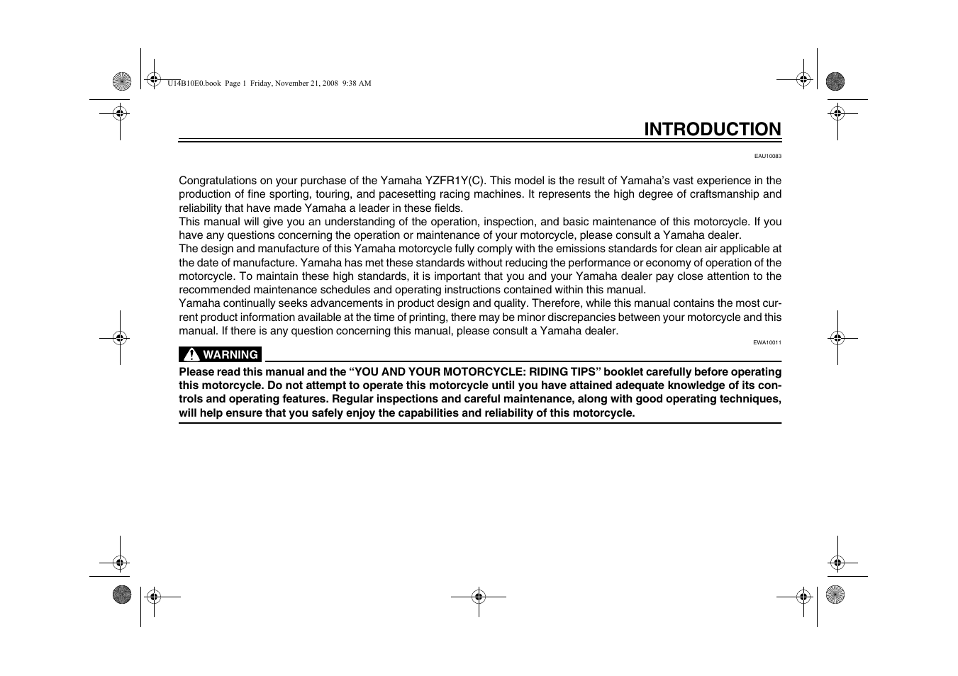 Introduction | Yamaha YZFR1Y(C) User Manual | Page 3 / 122