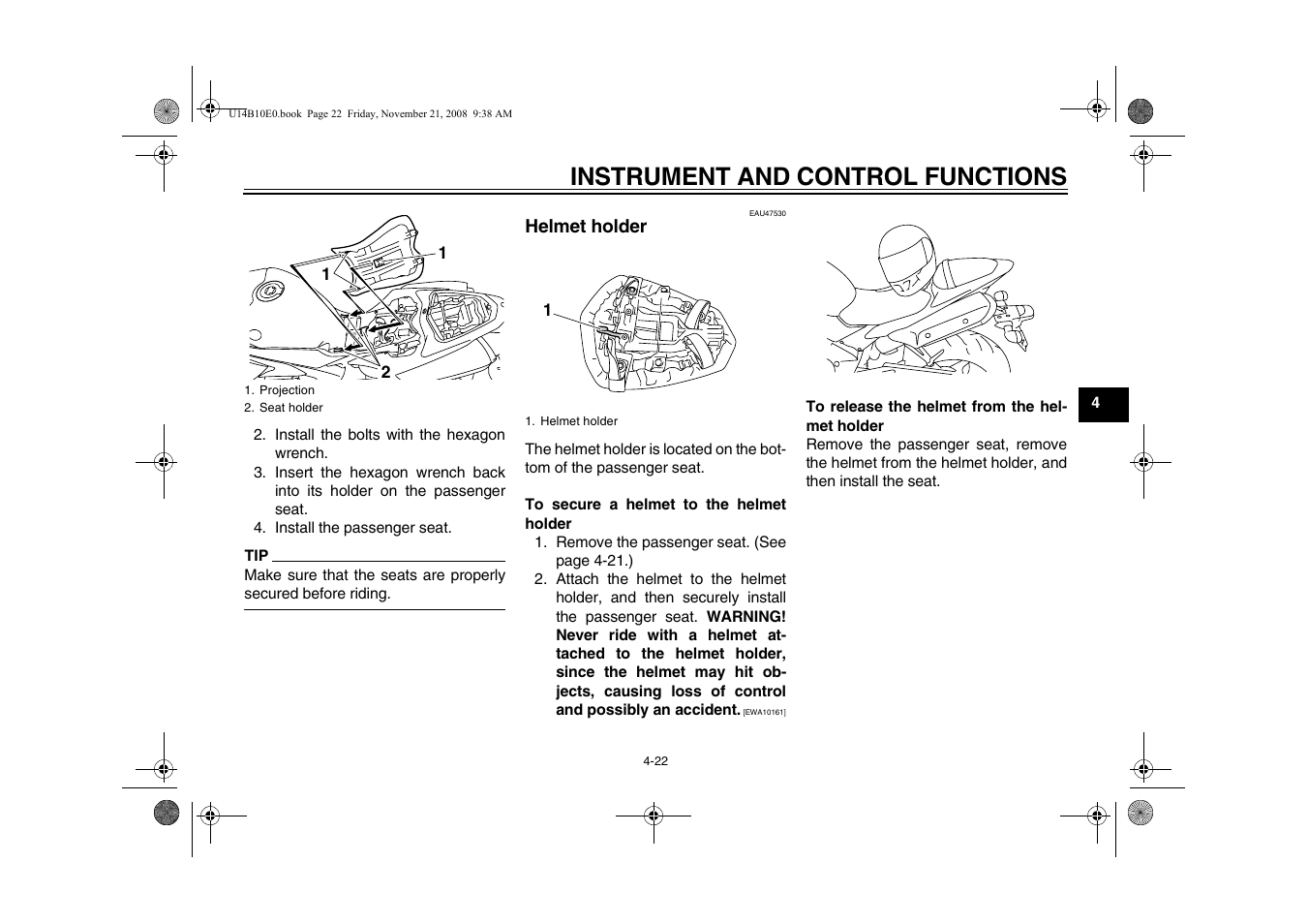 Helmet holder -22, Instrument and control functions | Yamaha YZFR1Y(C) User Manual | Page 39 / 122