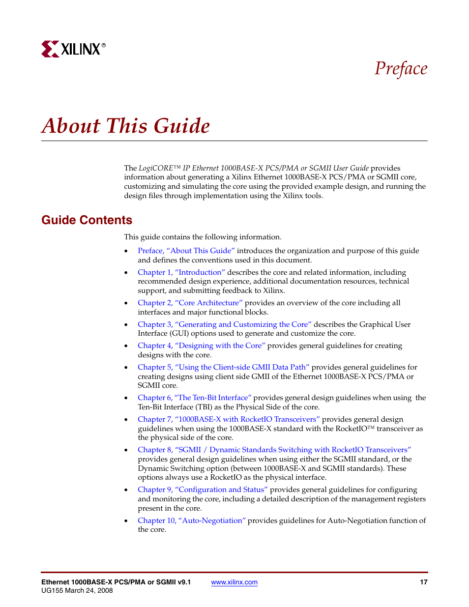 About this guide, Guide contents, Preface: about this guide | Preface | Xilinx 1000BASE-X User Manual | Page 15 / 230