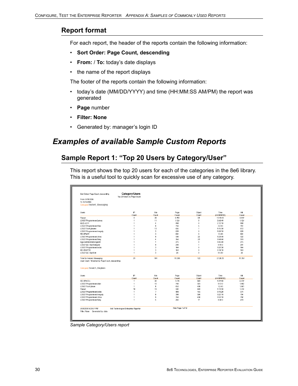Report format, Examples of available sample custom reports, Sample report 1: “top 20 users by category/user | 8e6 Technologies Enterprise Reporter ER HL/SL User Manual | Page 34 / 48