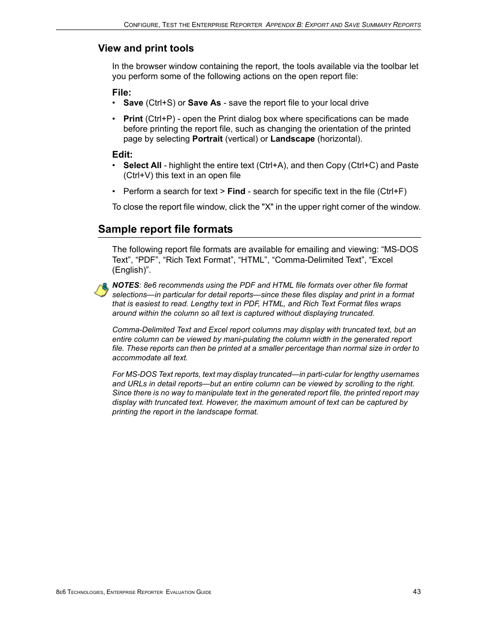 View and print tools, Sample report file formats, File | Edit | 8e6 Technologies Enterprise Reporter ER HL/SL User Manual | Page 47 / 48