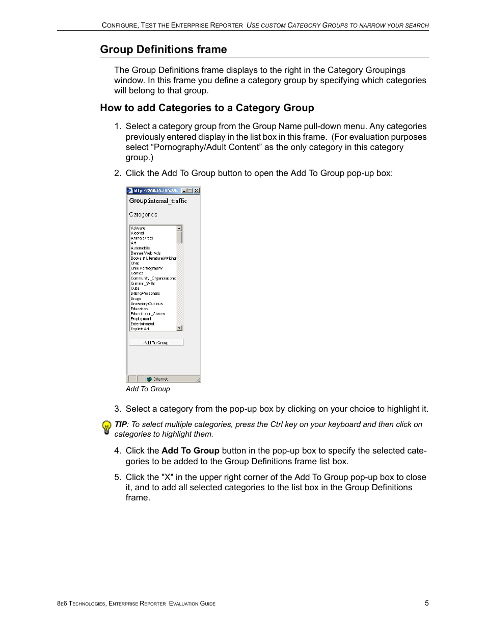 Group definitions frame, How to add categories to a category group | 8e6 Technologies Enterprise Reporter ER HL/SL User Manual | Page 9 / 48