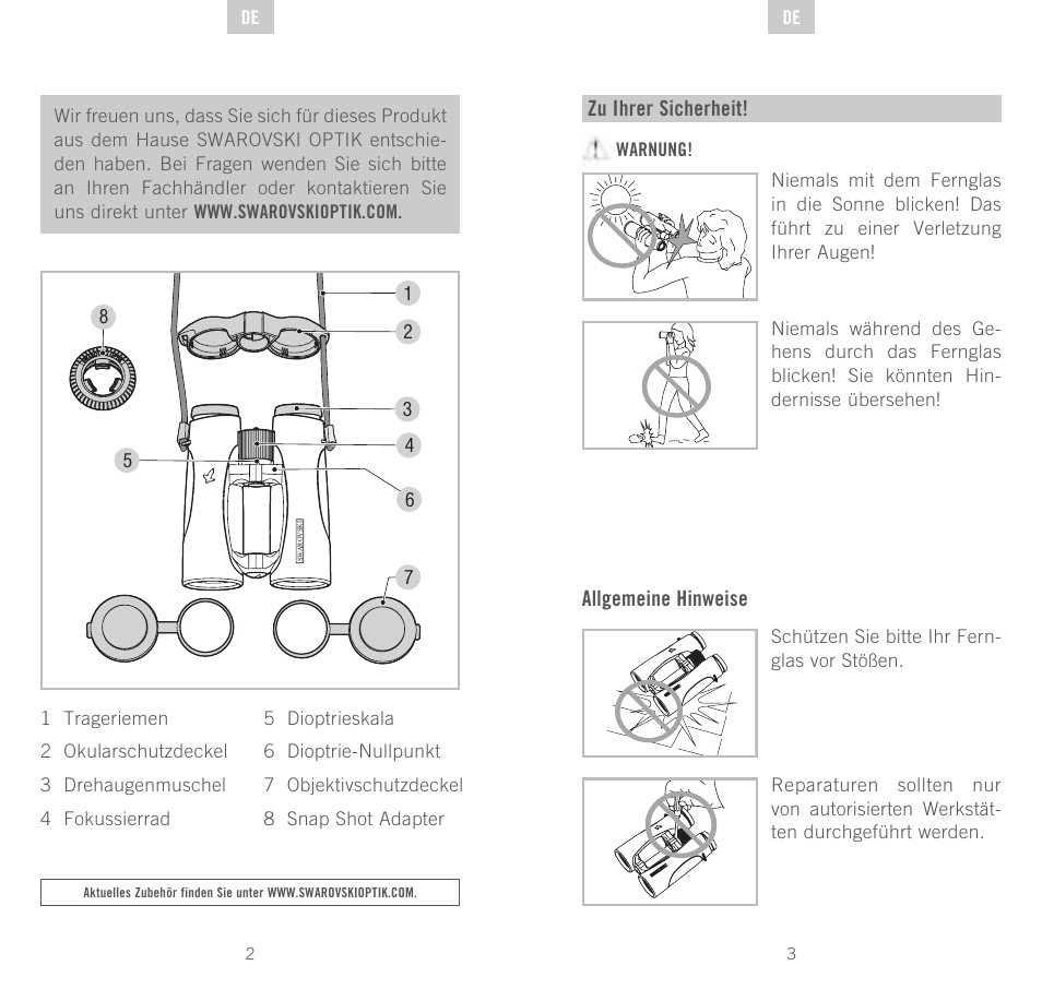 Zu ihrer sicherheit, Allgemeine hinweise | Swarovski Optik EL 50 User Manual | Page 2 / 51