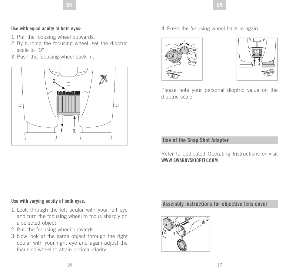 Use of the snap shot adapter, Assembly instructions for objective lens cover, De 2. 1. 3 | Swarovski Optik EL 50 User Manual | Page 9 / 51