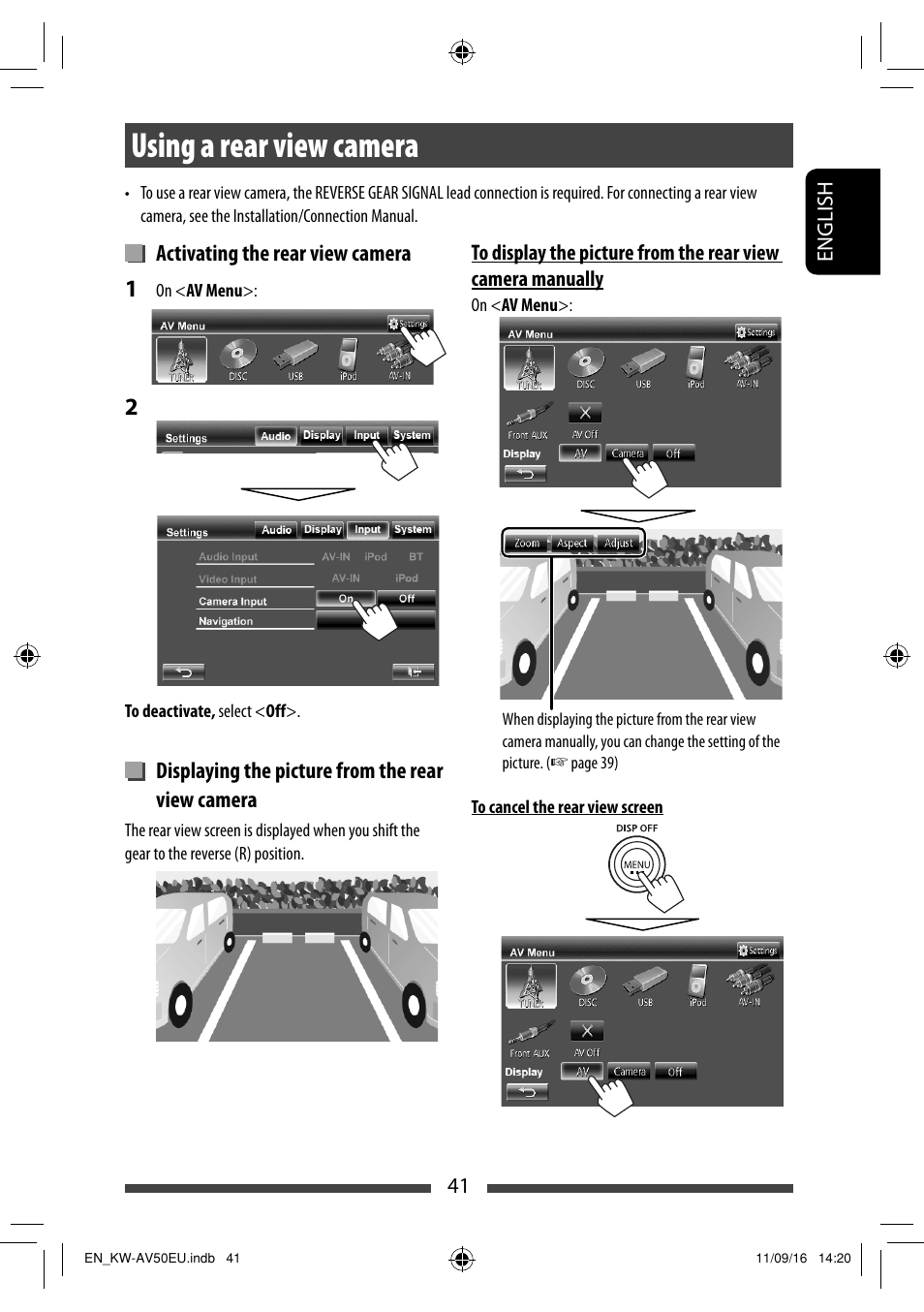 Using a rear view camera, Activating the rear view camera, Displaying the picture from the rear view camera | JVC KW-AV50 User Manual | Page 41 / 183