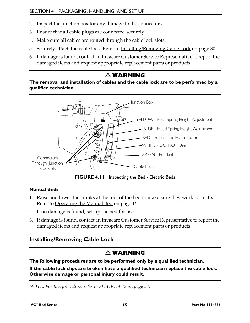 Installing/removing cable lock, Ƽ warning, Installing/removing cable lock ƽ warning | Activeforever Invacare Semi-Electric Home Care Hospital Bed User Manual | Page 30 / 39