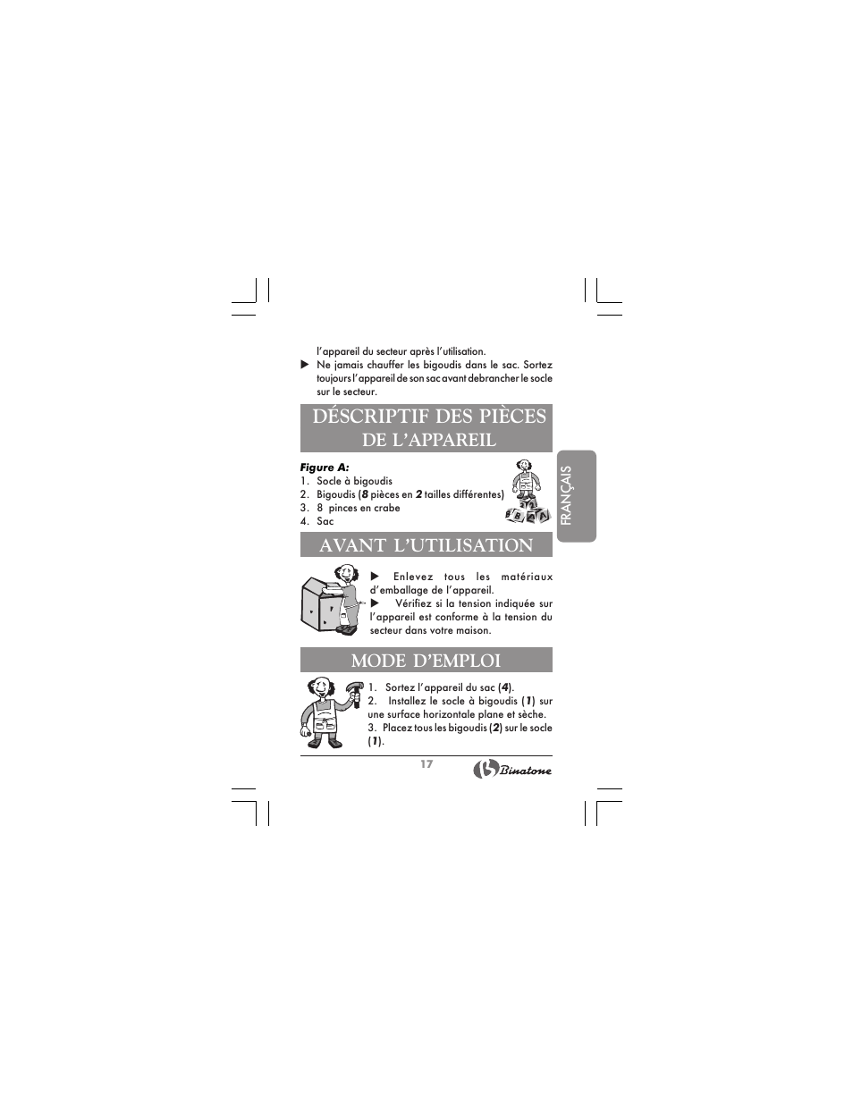 Déscriptif des pièces, Avant l’utilisation, Mode d’emploi | De l’appareil | Binatone HR-09 User Manual | Page 17 / 48