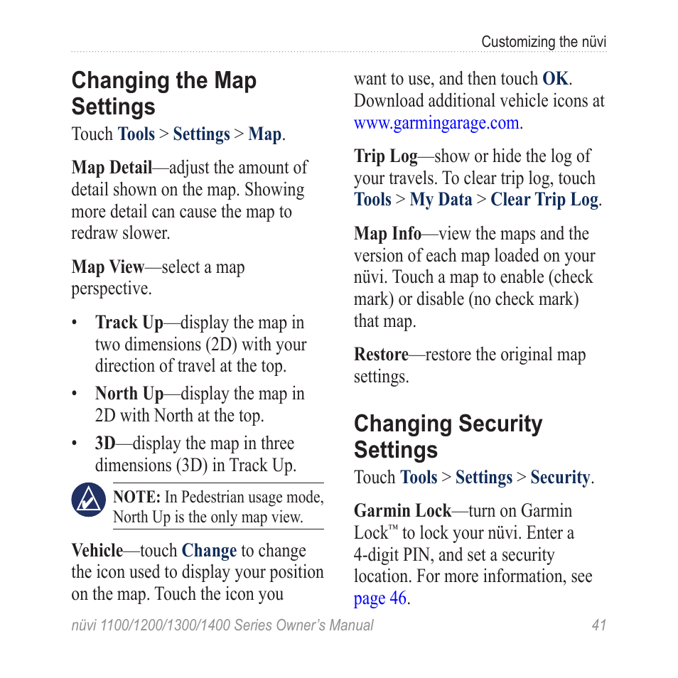 Changing the map settings, Changing security settings | Garmin nuvi 1300 User Manual | Page 47 / 72