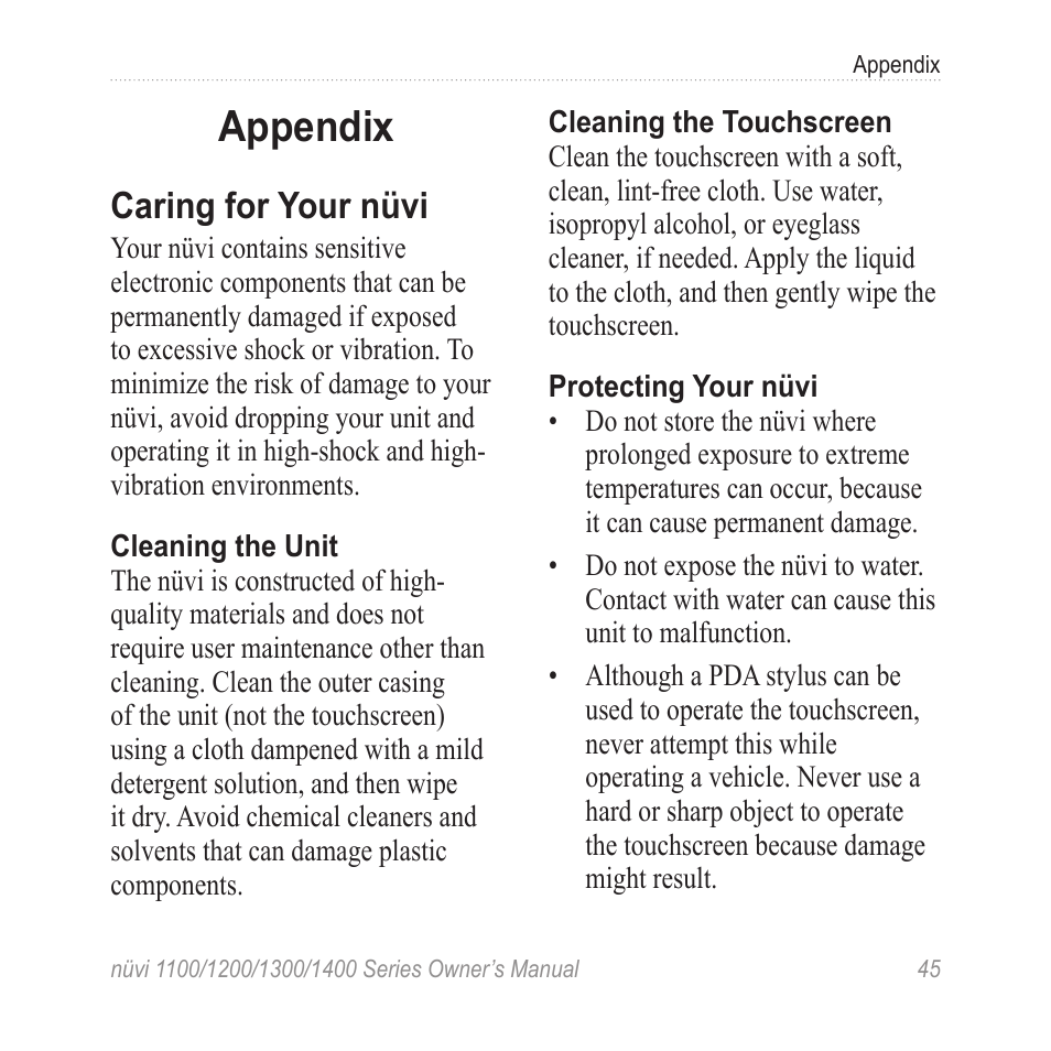 Appendix, Caring for your nüvi | Garmin nuvi 1300 User Manual | Page 51 / 72