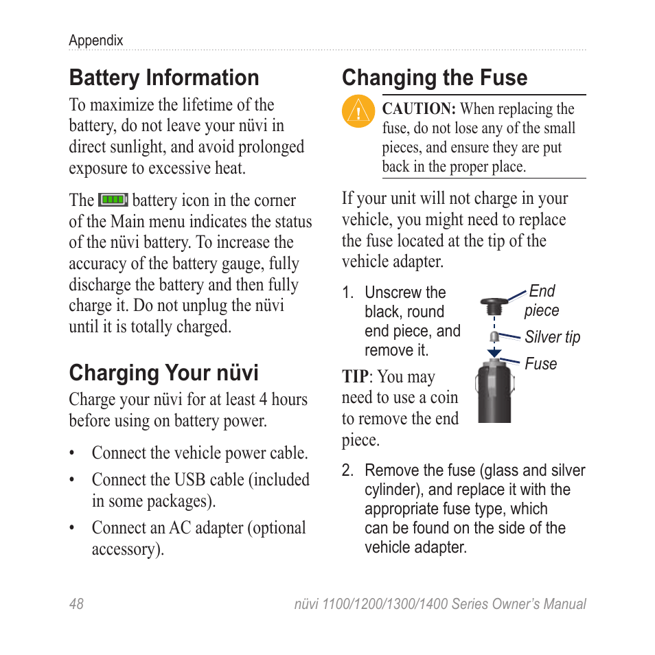 Battery information, Charging your nüvi, Changing the fuse | Garmin nuvi 1300 User Manual | Page 54 / 72