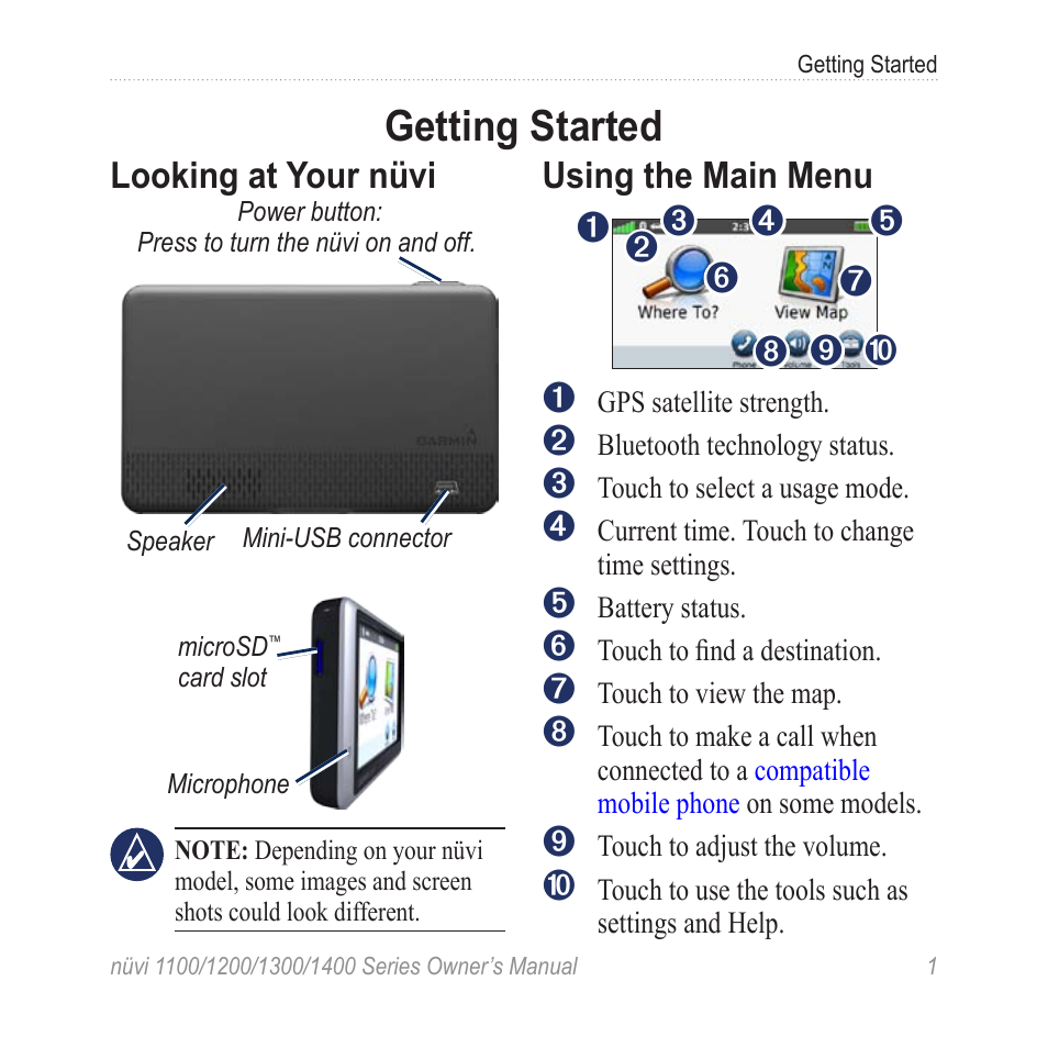 Getting started, Looking at your nüvi, Using the main menu | Garmin nuvi 1300 User Manual | Page 7 / 72