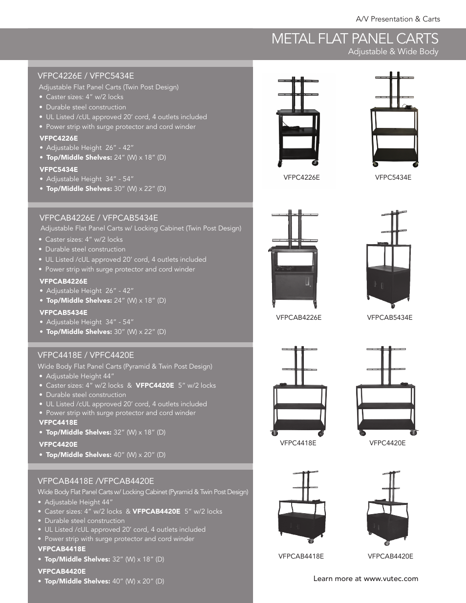 Vutec METAL FLAT PANEL CARTS - Product Sheet User Manual | 1 page