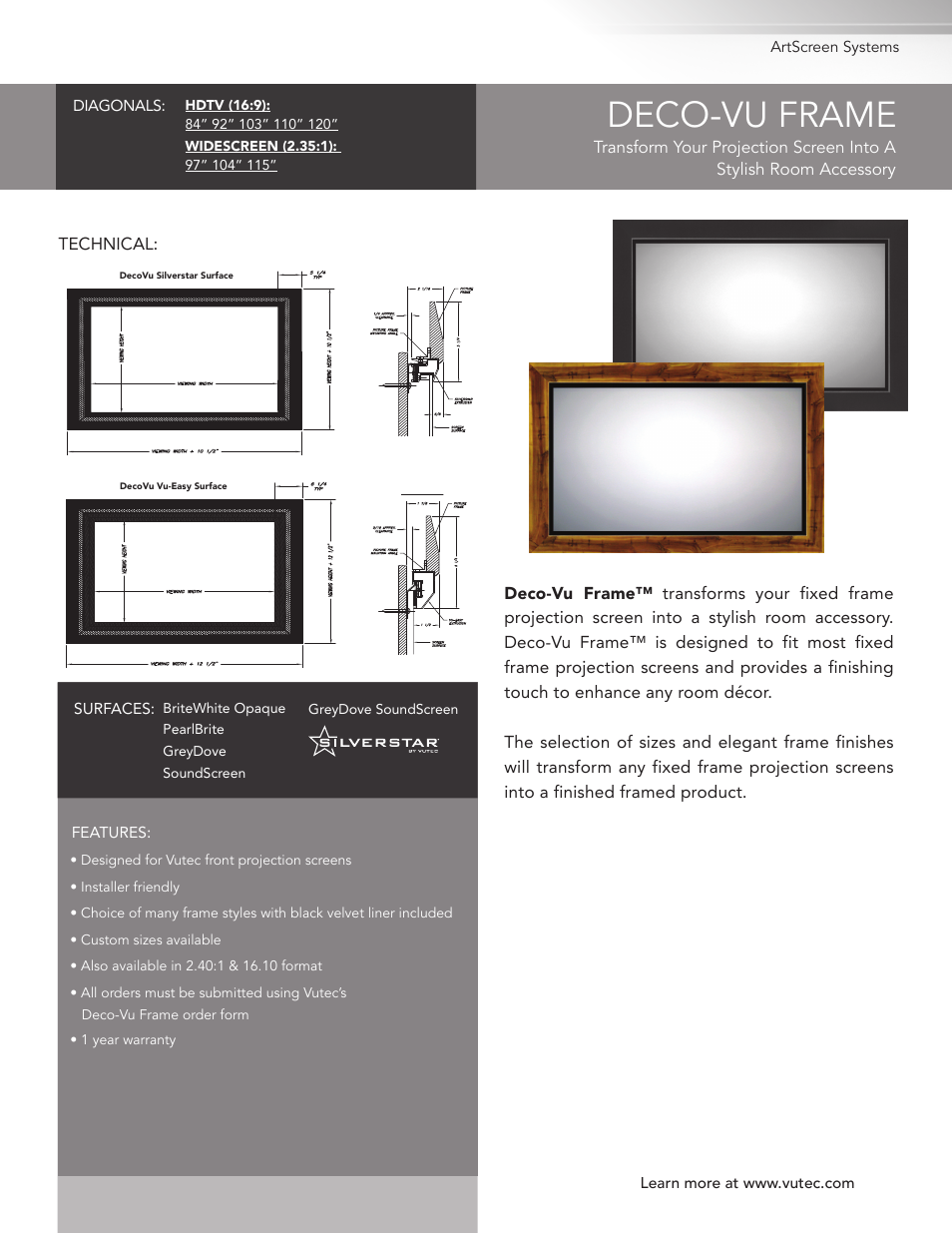 Vutec DECO-VU FRAME - Product Sheet User Manual | 1 page
