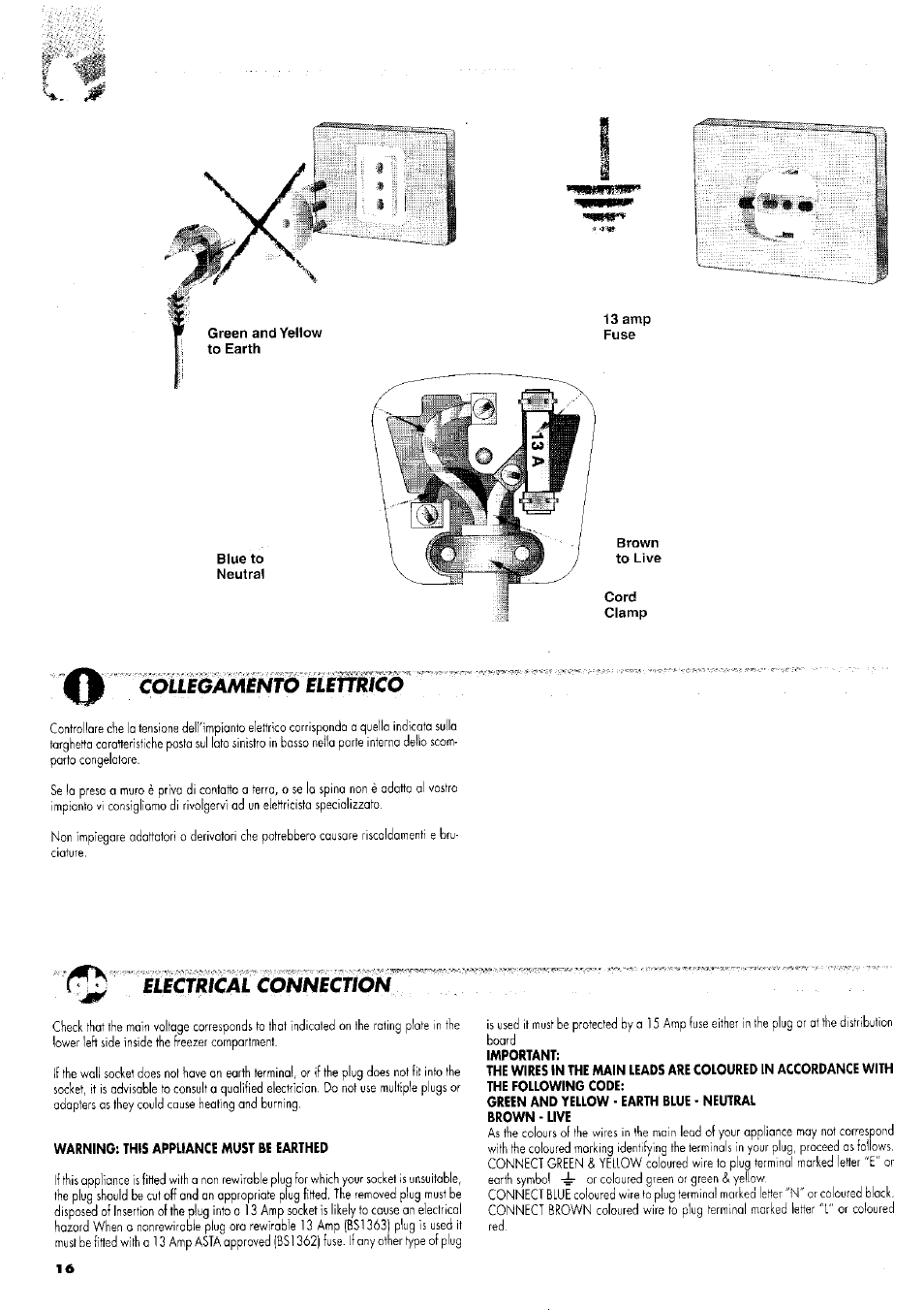Collegamento elettrico, Electrical connection, Warning: this appliance must be earthed | Important | ZANKER GS 105 User Manual | Page 16 / 31